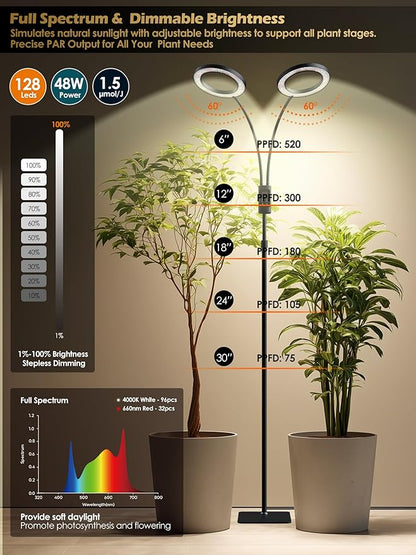 Smart Grow Lights for Indoor Plants,48W 2-Head Plant Light with Auto-Timer, Full Spectrum LED Grow