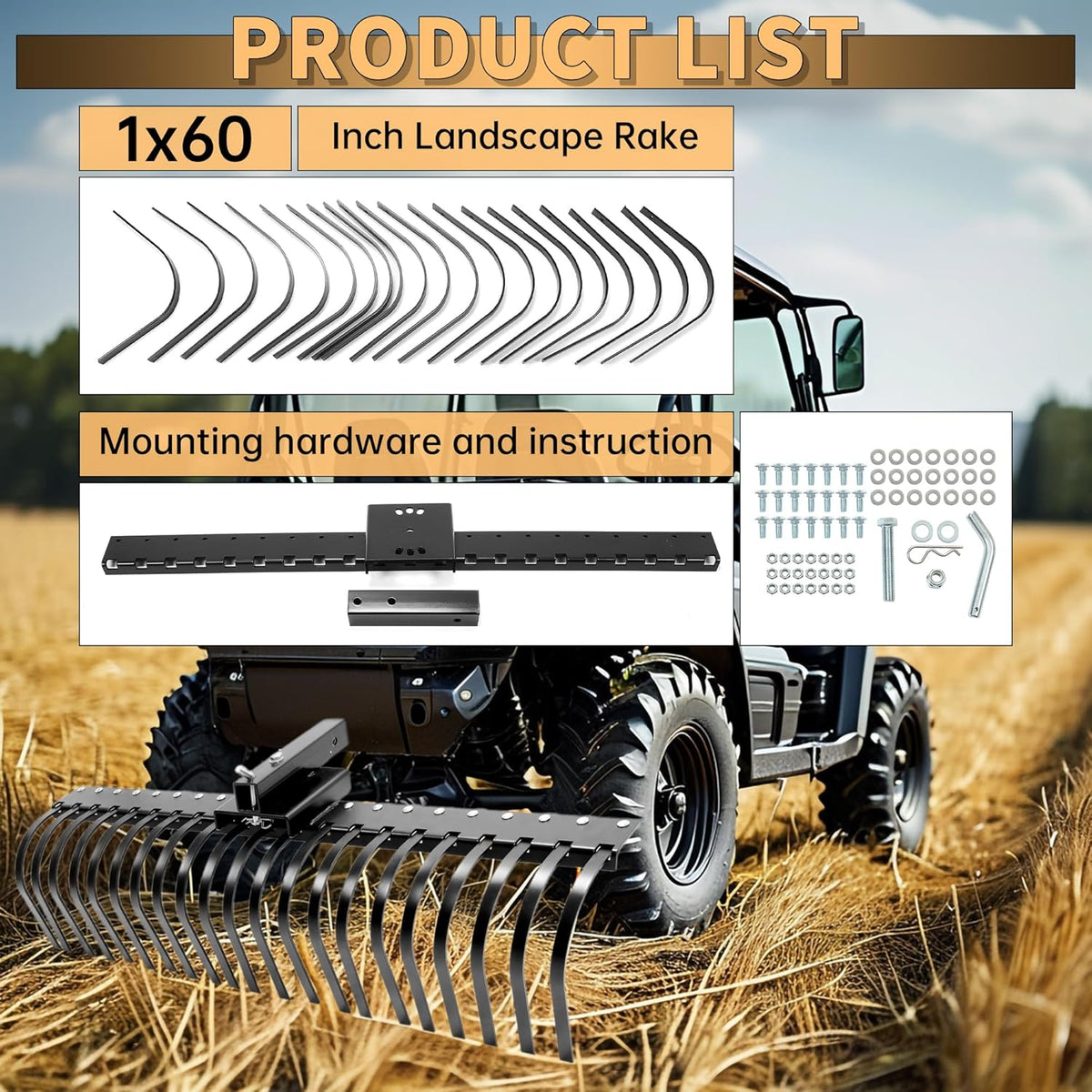 KUAFU 60 Inch Landscape Rake Pine Straw Rake Tractors Rake Fit for 2 Inch Receiver ATV UTV SxS