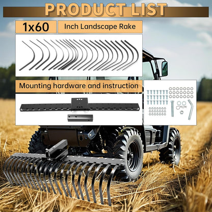 KUAFU 60 Inch Landscape Rake Pine Straw Rake Tractors Rake Fit for 2 Inch Receiver ATV UTV SxS