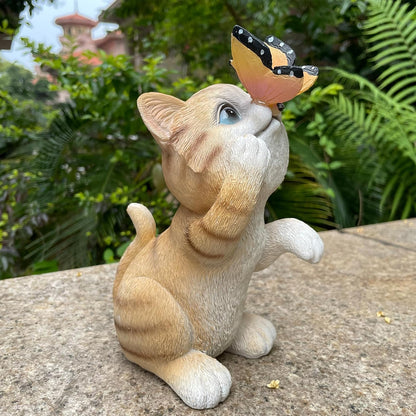 Garden Decor Solar Cat Figurines Cat Lover Gifts with LED Butterfly Lights for Indoor Outdoor Decor