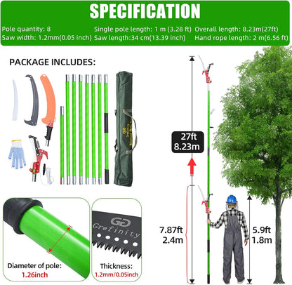 27FT Manual Pole Saw, Tree Branch Trimmer with 8-Section Fiberglass Handle, Sharp Steel Blade and