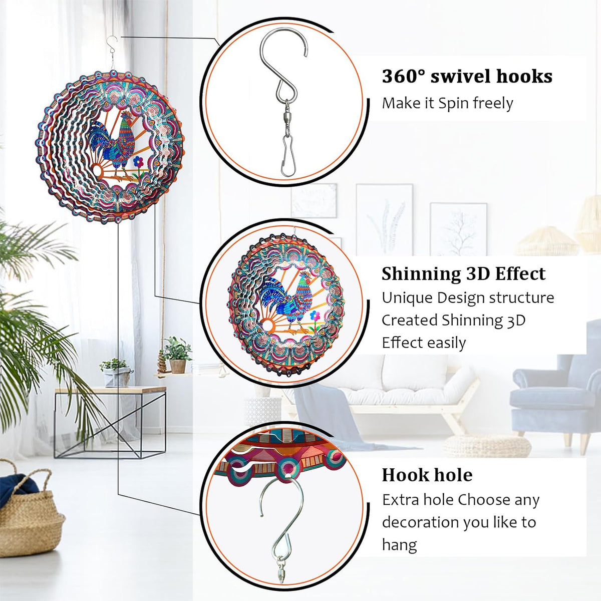 Rooster Wind Spinner - 3D Kinetic Chicken Wind Spinners | 12-Inch Rustproof Metal Hanging