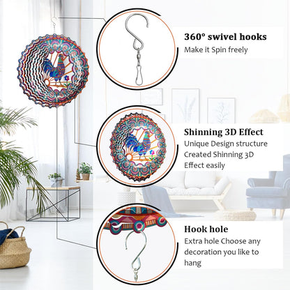 Rooster Wind Spinner - 3D Kinetic Chicken Wind Spinners | 12-Inch Rustproof Metal Hanging