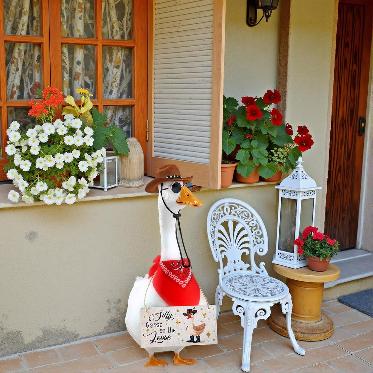 4pcs Western Cowboy Porch Goose Outfits, Silly Goose on The Loose Hangings Sign Cowboy Hat Bandana