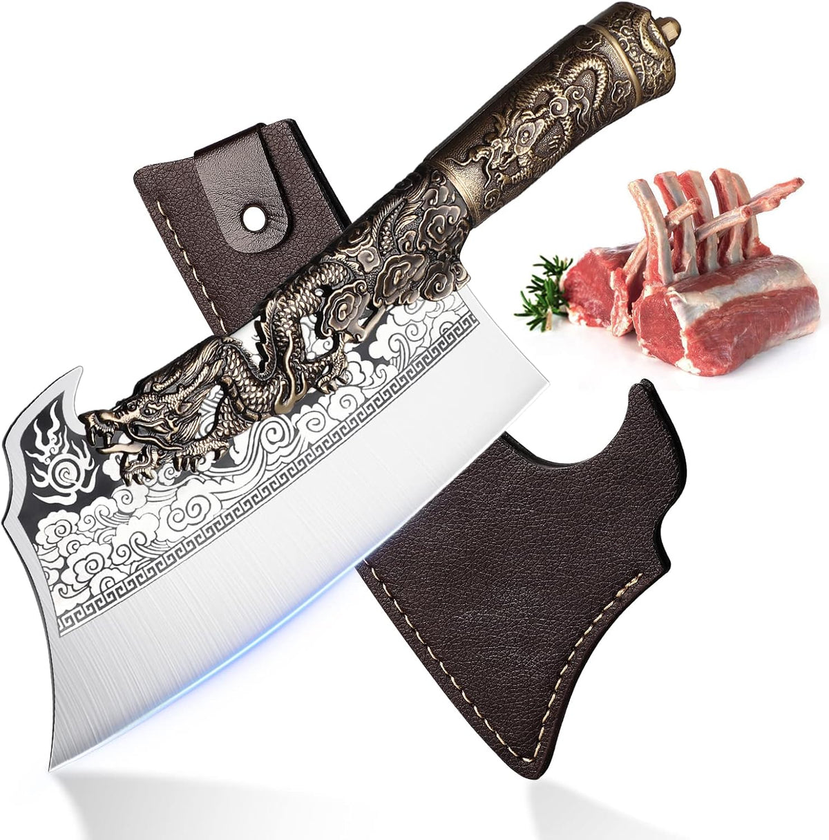 ROCOCO 2lb Dragon Butcher Knife Heavey Duty Cleaver Knife for Meat Bone Cutting 9.5" Cool Big