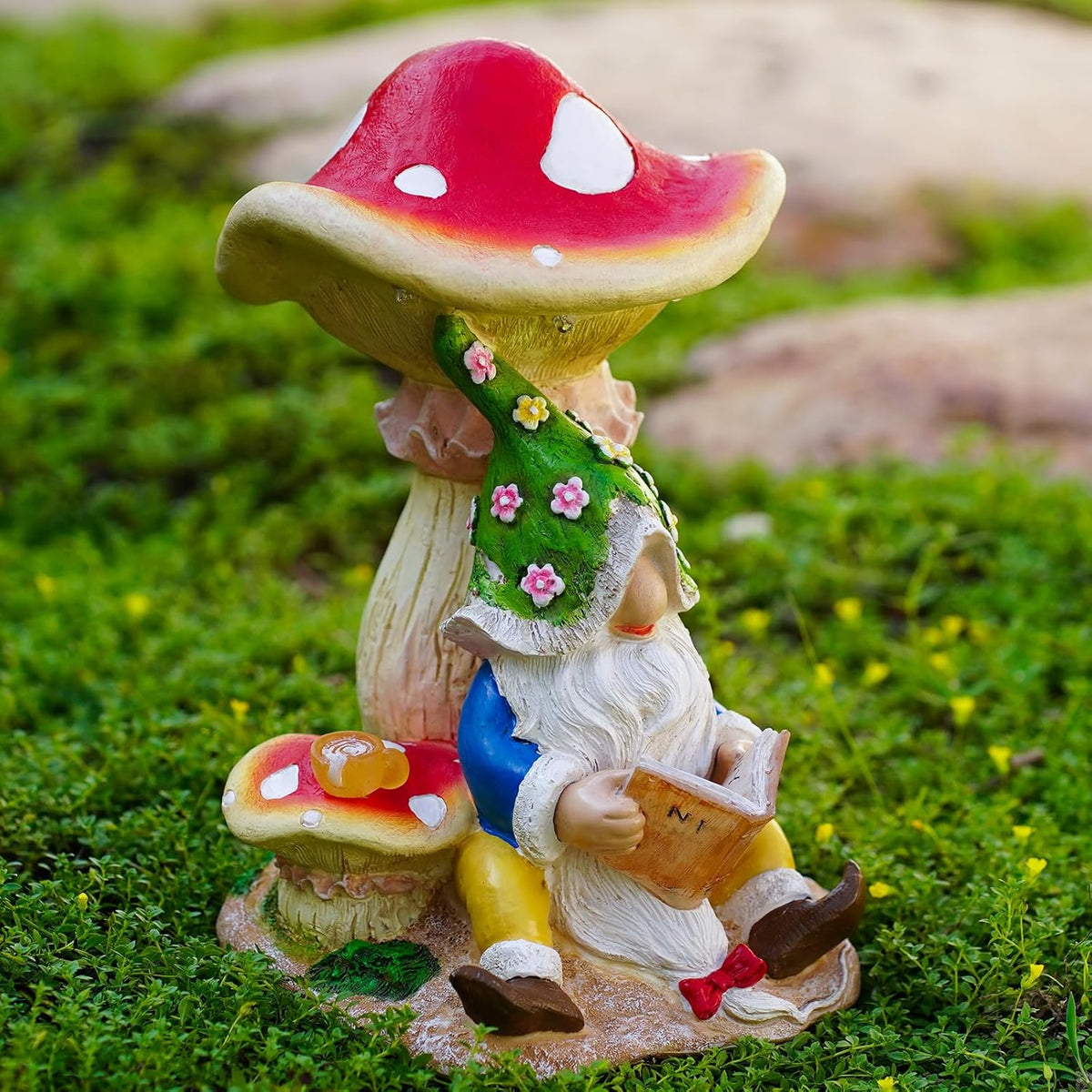 Solar Garden Outdoor Statues Gnome Reading Under Mushroom with 5 LED Solar Figurine for
