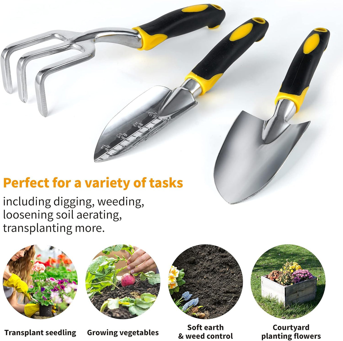 ⭐️ Gardenera 3PC Garden Tool Set with Soft Rubberized Non-Slip Handles - Hand Trowel, Transplant