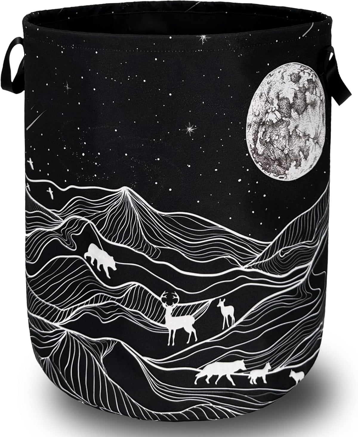 Mountain Laundry Basket Foldable With Handles Deer Bear Moon Tote Bag Oxford Cloth Funny Laundry