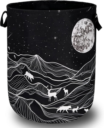 Mountain Laundry Basket Foldable With Handles Deer Bear Moon Tote Bag Oxford Cloth Funny Laundry