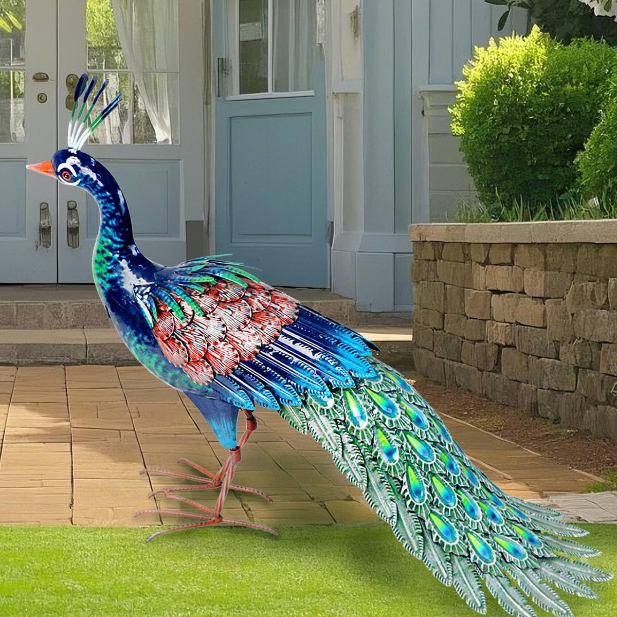 Kircust Metal Peacock Statue for Outdoor Decor - 24" L Elegant Peacock Sculpture for Garden, Patio