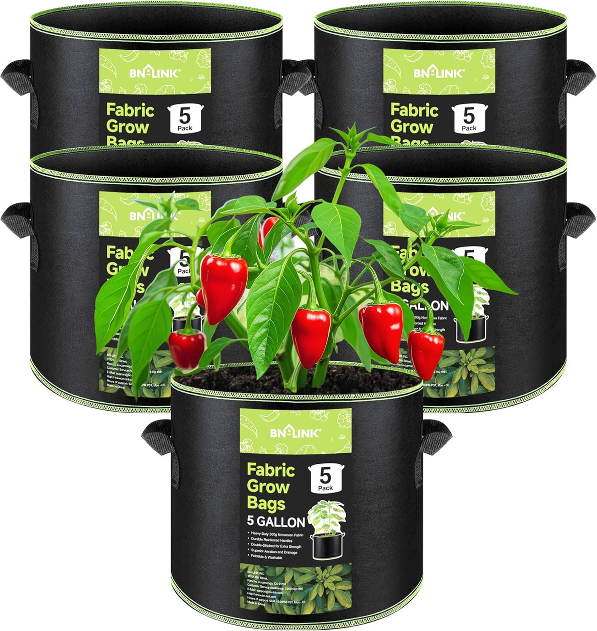BN-LINK 5-Pack 5 Gallon Grow Bags, Heavy Duty Aeration Fabric Pots with Handles, Thickened Nonwoven
