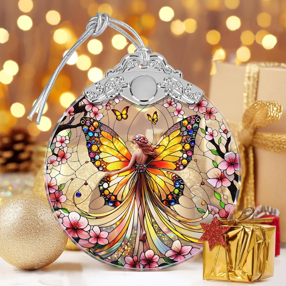 Butterfly Fairy Christmas Ornament - Stained Glass, Tree Decor, Gift Exchange Idea