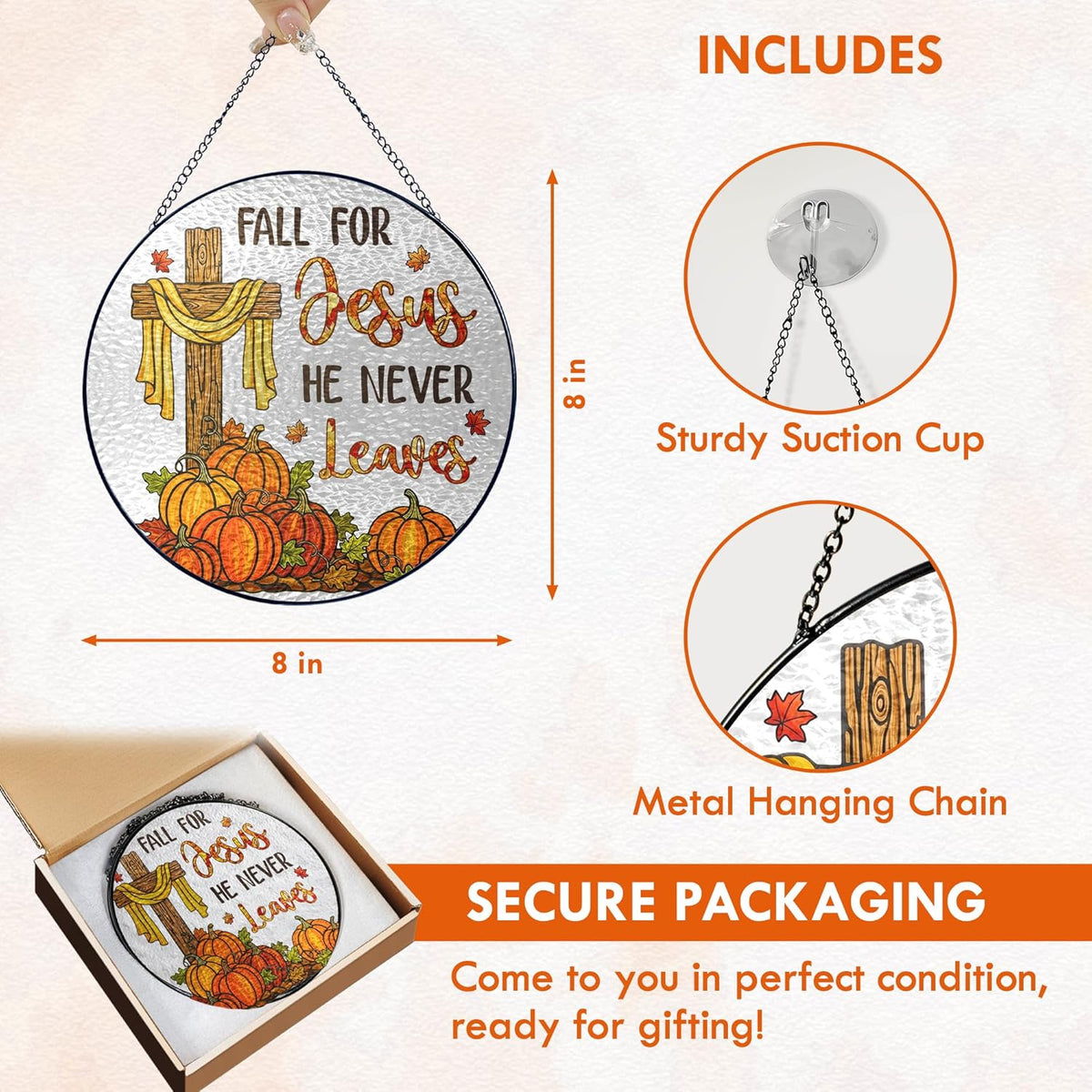 FLAGWIX Fall Decorations for Home - Stained Glass Window Hanging 8in - Christian Sun Catchers
