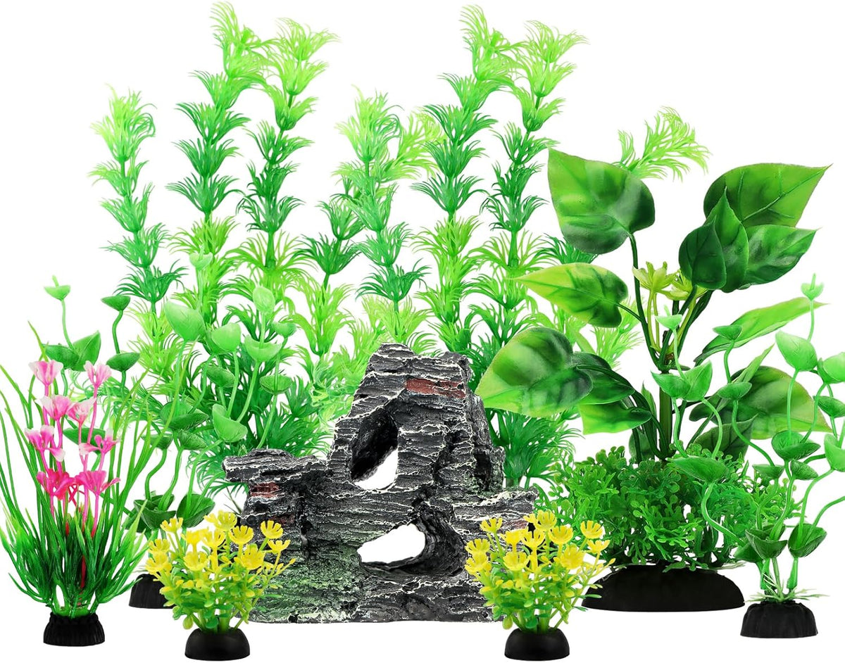 Fish Tank Accessories Artificial Plants, 9pcs Green Aquarium Decorations Plants and Cave Rock Decor