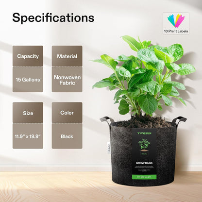 VIVOSUN 10-Pack 15 Gallon Grow Bags, Reinforced Planter Fabric Pots for Gardening Black