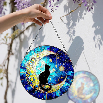 8 Inch Stained Glass Suncatcher Ornament, DOUHASU Black Cat Sun Catchers Indoor Window, Stained