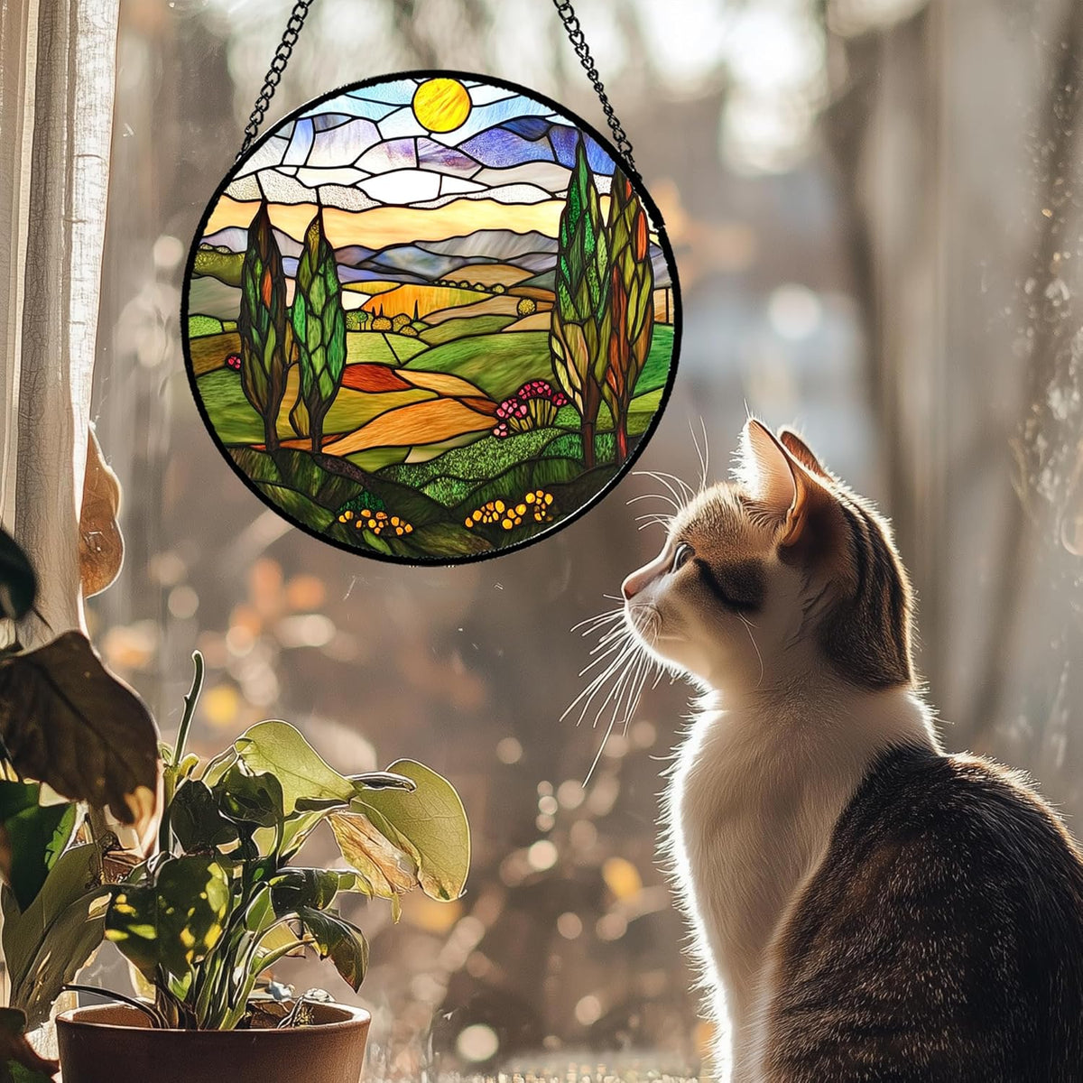 Stained Glass Window Hanging Golden Sun Mountain Landscape 9.8" - Suncatcher Door Garden Sun