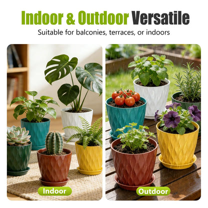 SQKH 8 Inch Plastic Plant Pots,Set of 5 Flower Pots,Planters with Drainage Holes & Saucers, Indoor