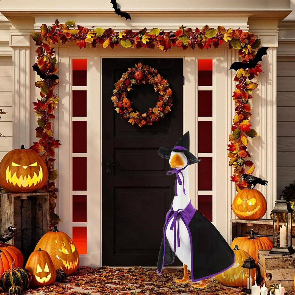 Halloween Porch Goose Outfit Set for 23'' Plastic Statue Lawn Porch Goose Clothes with Cloak Hat