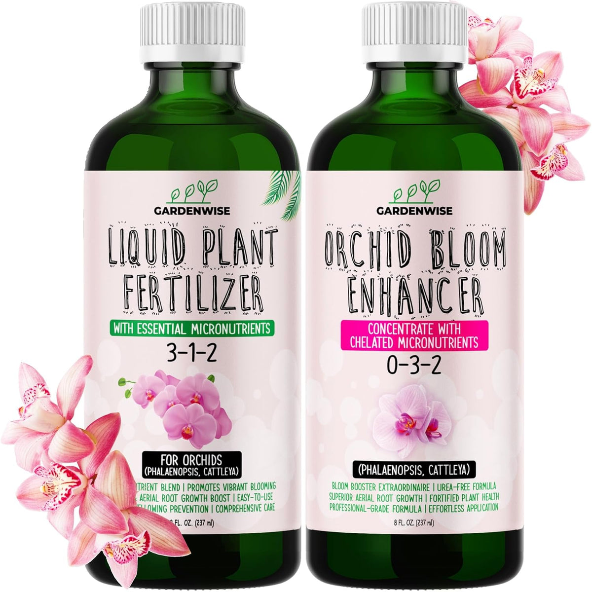 Orchid Fertilizer – Complete Orchid Plant Food Set 3-1-2 & 0-3-2 Liquid Fertilizers for Blooming