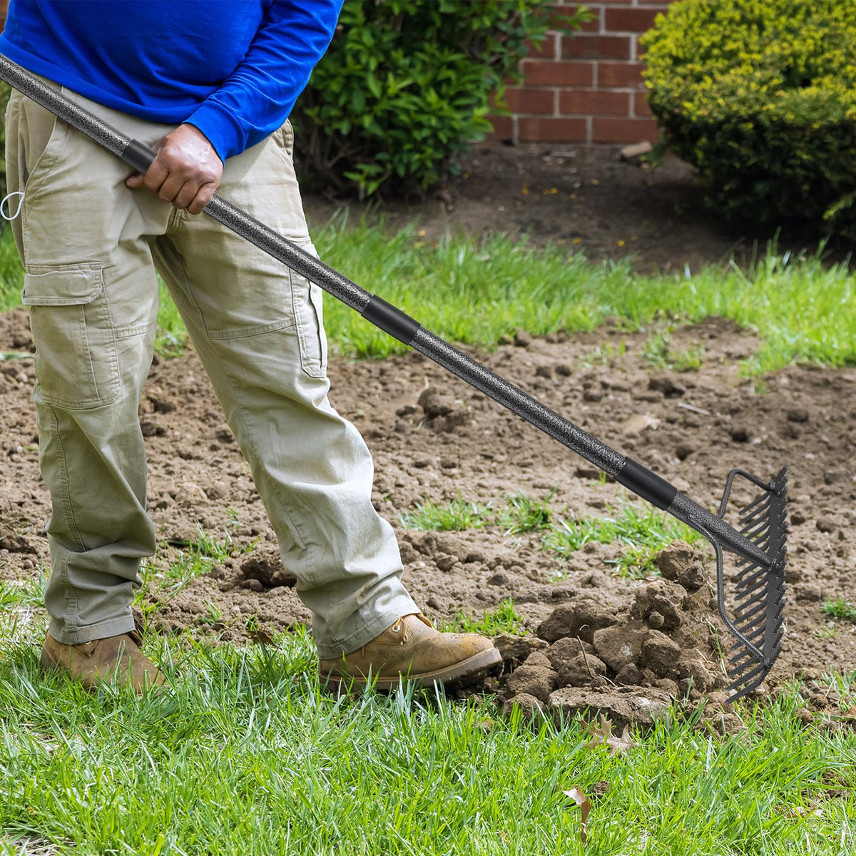 63'' Bow Rake ，17 Tines Metal Head Rakes with Stainless Steel Handle，Heavy Duty Garden Rake for