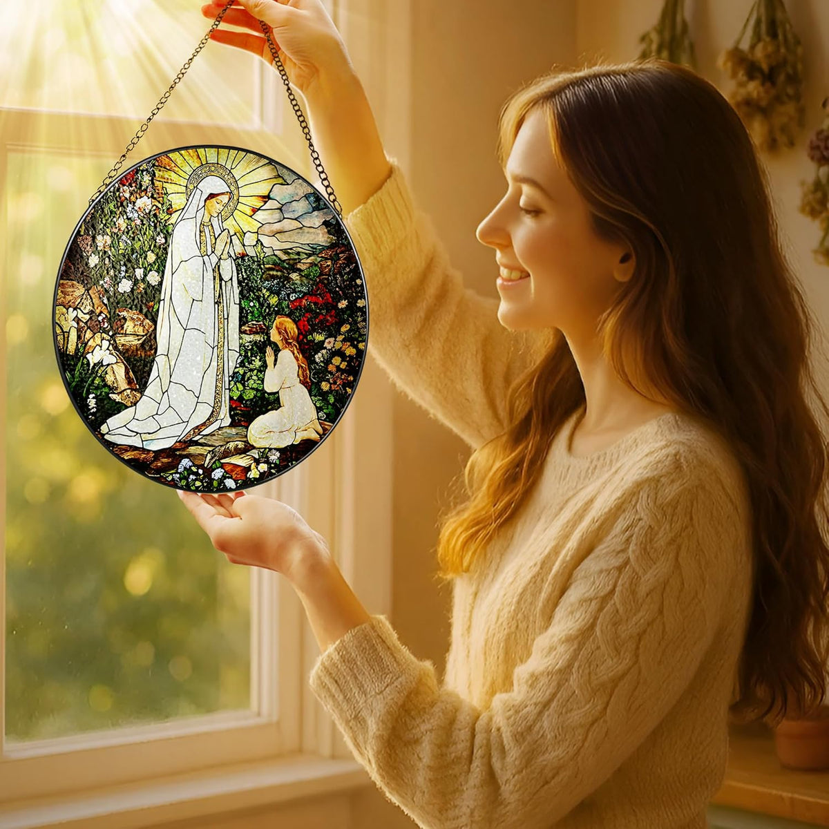 8 Inch Lady of Lourdes Stained Glass Suncatcher, Stained Glass Window Hanging, Virgin Mary