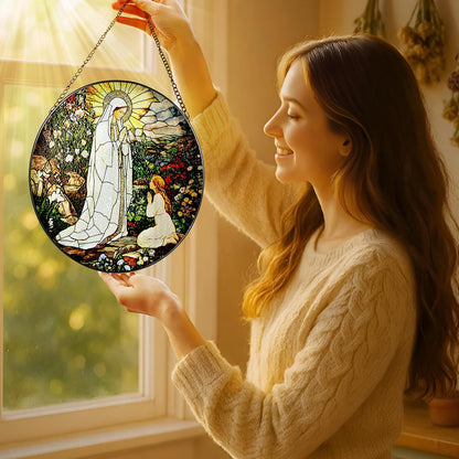 8 Inch Lady of Lourdes Stained Glass Suncatcher, Stained Glass Window Hanging, Virgin Mary
