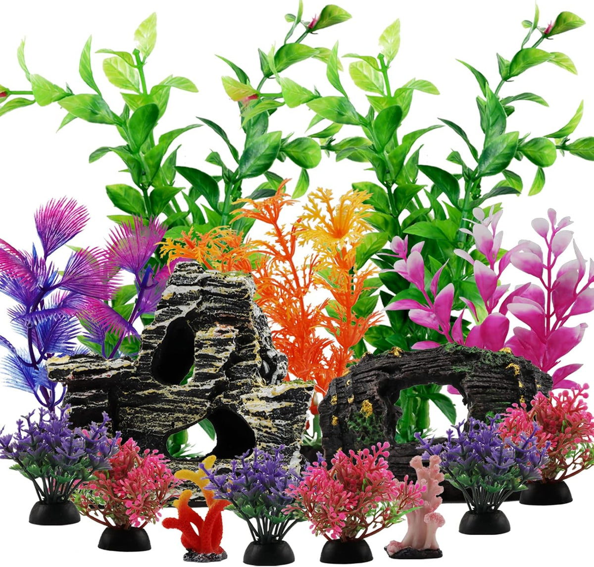 Fish Tank Decorations Plants with Resin Broken Barrel and Cave Rock View, 15pcs Aquarium
