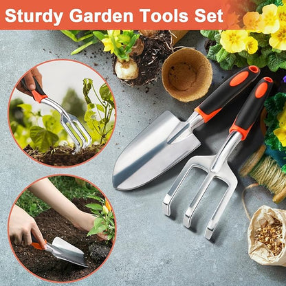 Garden Tool Set, 2 Pack Heavy Duty Gardening Tools Set Include Garden Shovel and Hand Rake Claw