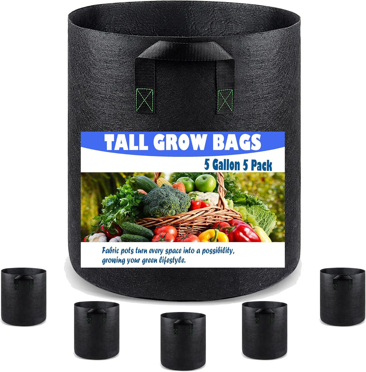 5 Gallon 5 Pack Grow Bags, Heavy Duty Nonwoven Aeration Fabric Plant Grow Pots for Vegetables