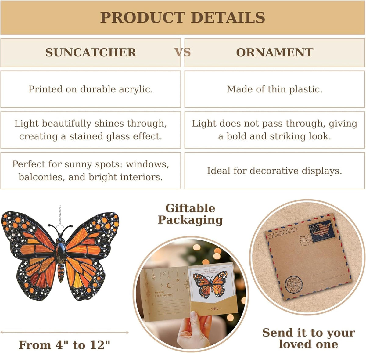 Monarch Butterfly Acrylic Suncatcher Stained Glass Effect Window Car Hanging Christmas Ornament