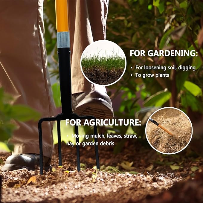Garden Fork, 4-Tines Pitchforks,45-Inch Pitchfork for Gardening,Fiberglass Digging Fork Pole