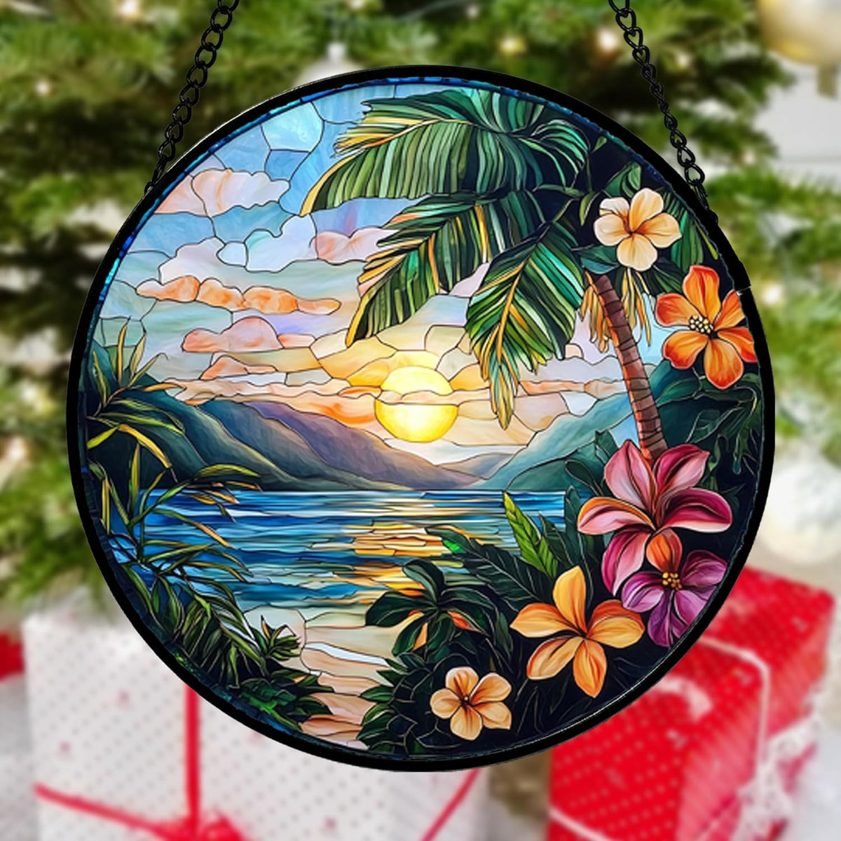 Stained Glass Window Hanging, Colorful Landscape Suncatcher for Doors Home Sun Catchers Decoration
