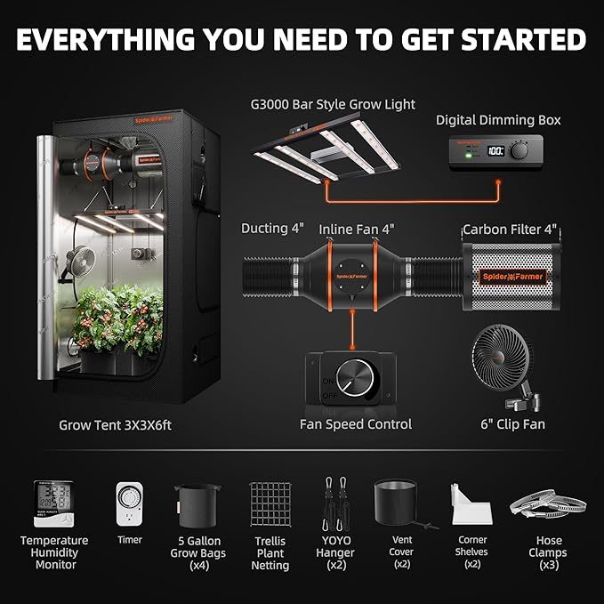 Spider Farmer Grow Tent Kit Complete 3x3x6ft G3000 Bar Style LED Grow Light Full Spectrum