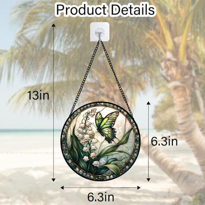 Stained Glass Window Hanging, Lily of The Valley Flower Butterfly Suncatcher for Doors Home Sun