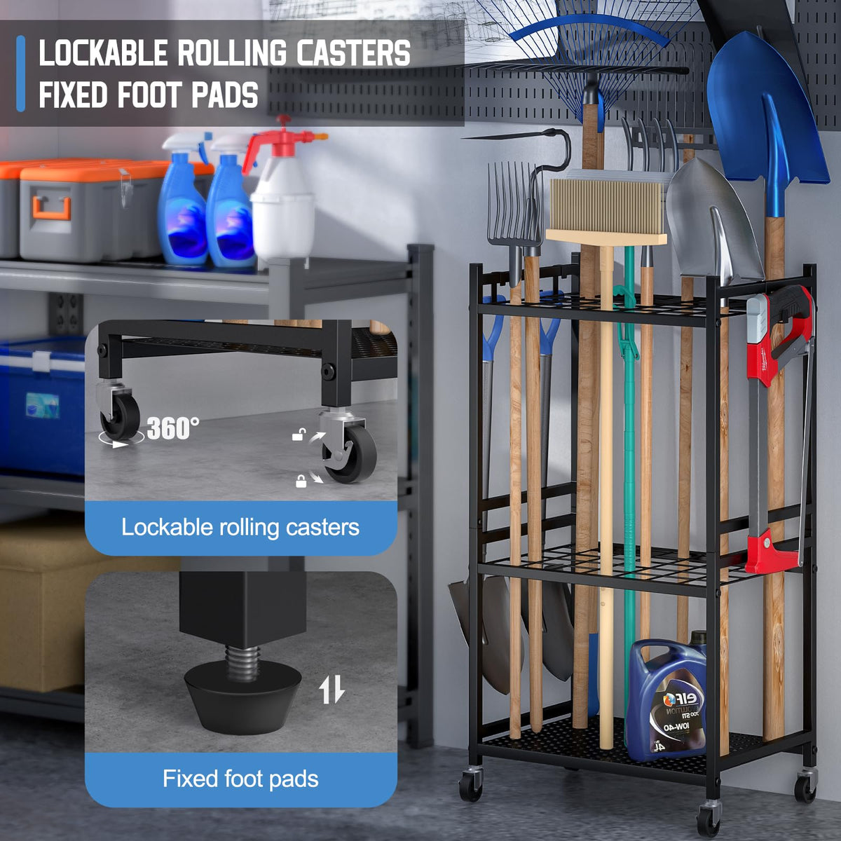 DAOUTIME Garden Organizer With Wheels, Yard Tower Rack for Garage Storage, Up to 35 Long-Handled