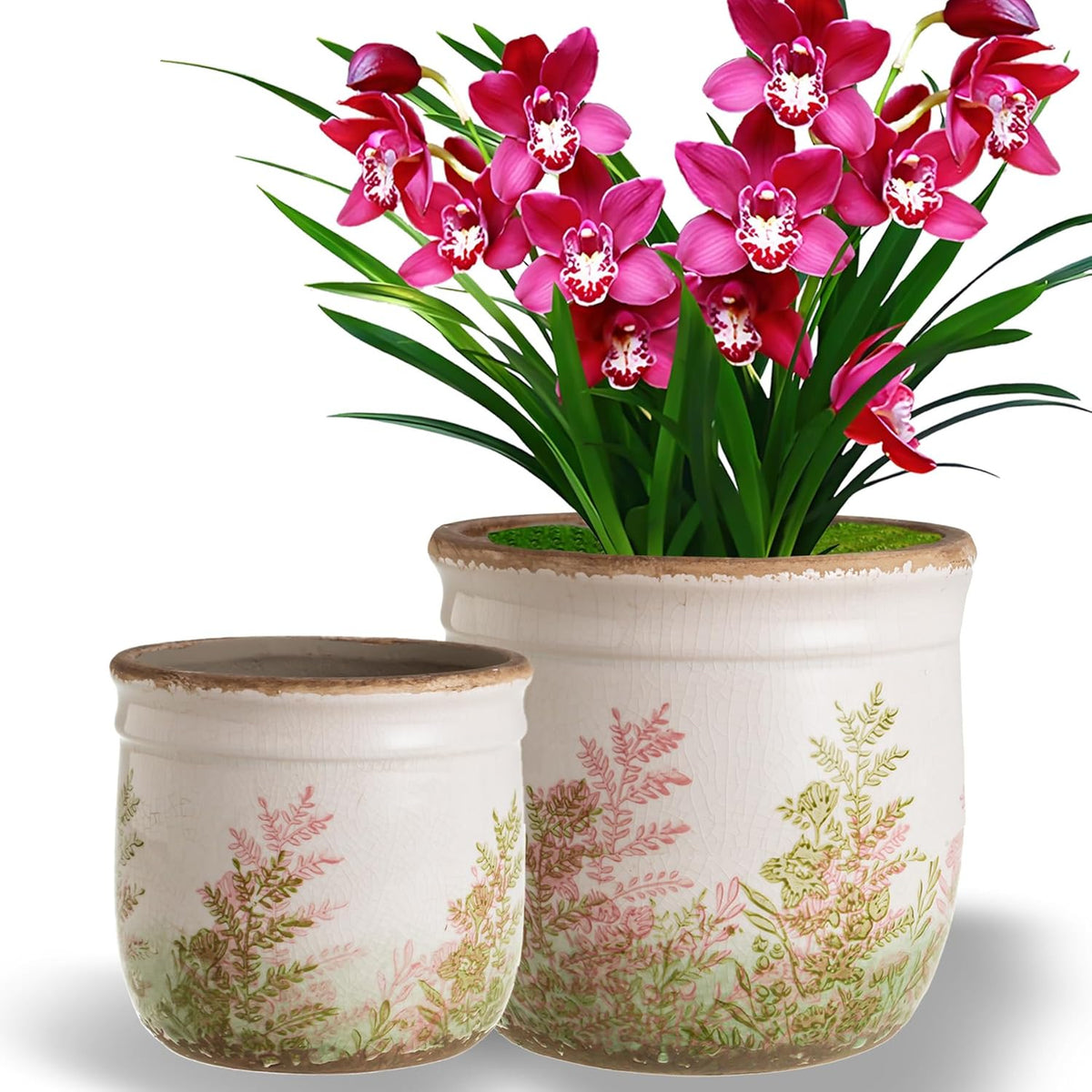 Vintage Pink and Green Ceramic Planter Set of 2, 4.7+5.7 Inch Rustic Flower Pots for Indoor Plants