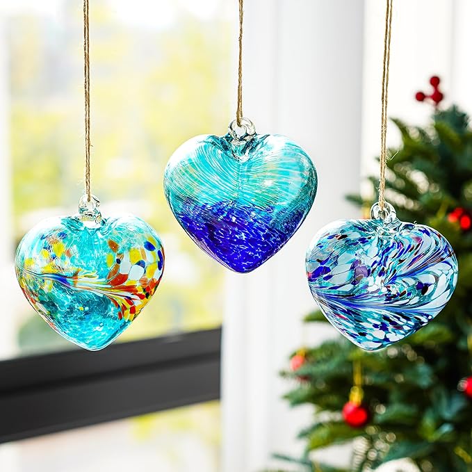 Set of 3 Handmade Glass Heart Ornaments 3.9 Inch Blue Friendship Heart Decor for Garden Home
