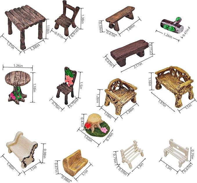 Miniature Garden Furniture Set - 14-Piece Resin Miniature Table and Chairs Set for Outdoor Decor