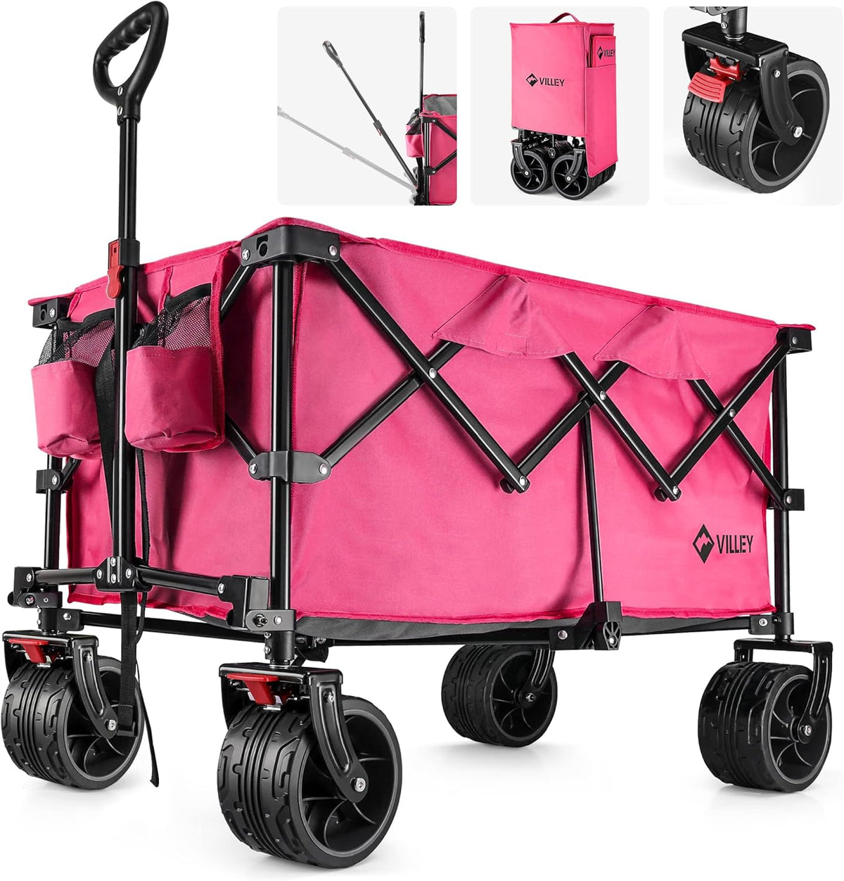 VILLEY Collapsible Folding Wagon with Big Wheels, Enlarged 225lbs Capacity, All Terrain Wagons