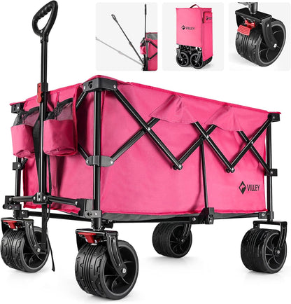VILLEY Collapsible Folding Wagon with Big Wheels, Enlarged 225lbs Capacity, All Terrain Wagons