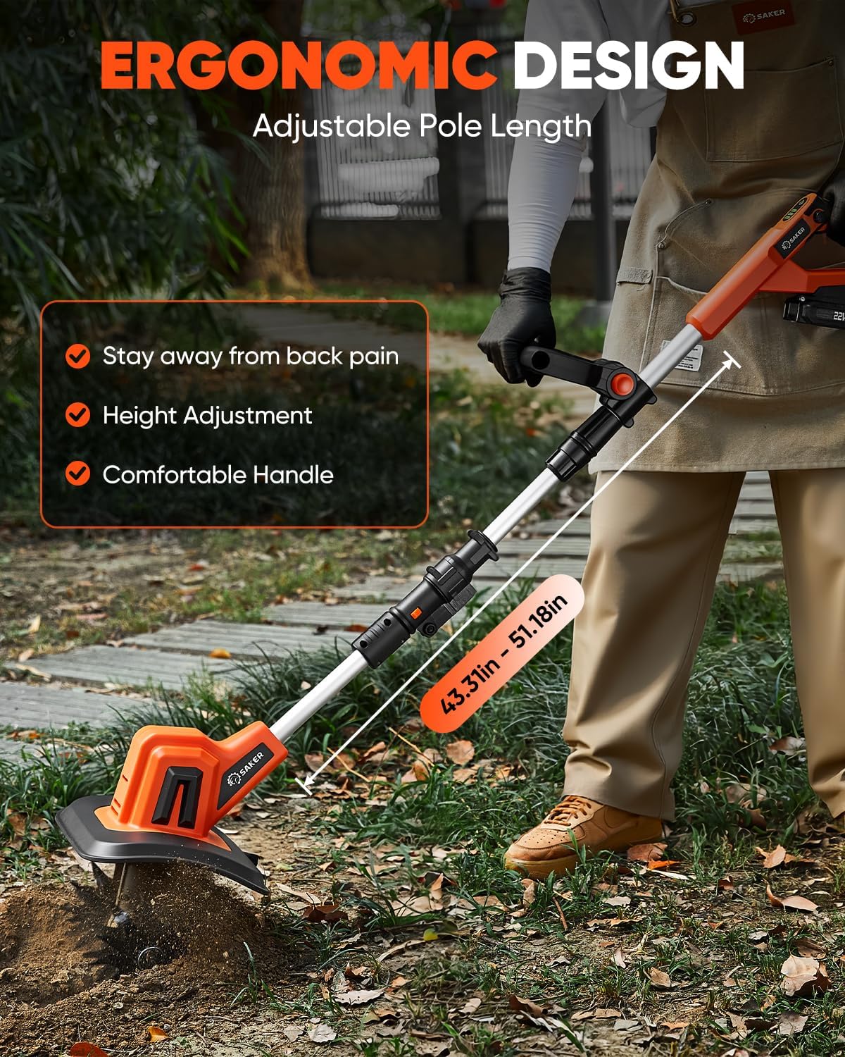 Saker 22V Cordless Electric Garden Tiller Cultivator, Rototiller for Gardening with 3 Adjustable