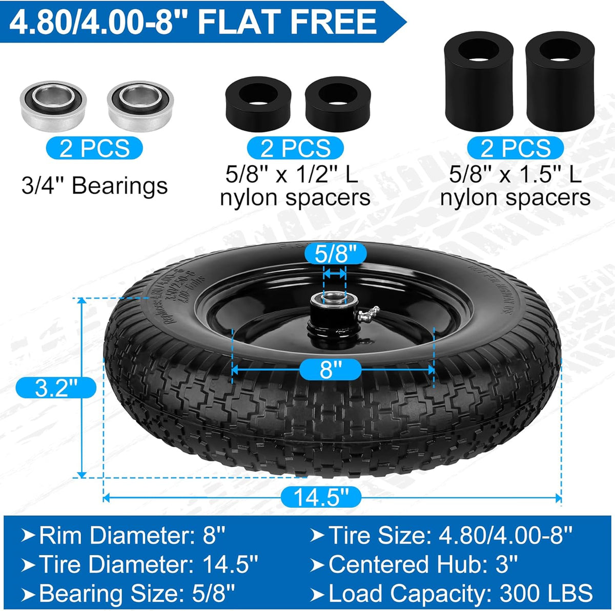4.80/4.00-8" Flat Free Wheelbarrow Tire and Wheel, 14.5" Universal Fit Solid Tire with 5/8" or 3/4"