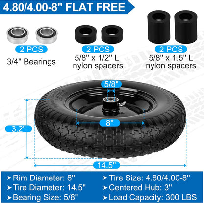 4.80/4.00-8" Flat Free Wheelbarrow Tire and Wheel, 14.5" Universal Fit Solid Tire with 5/8" or 3/4"