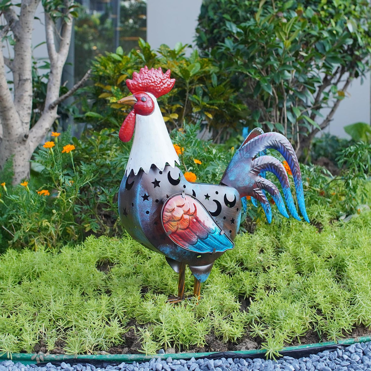 LIFFY Metal Rooster Yard Decor,18" Solar Rooster Outdoor Decor with LED Lights,Chicken Home