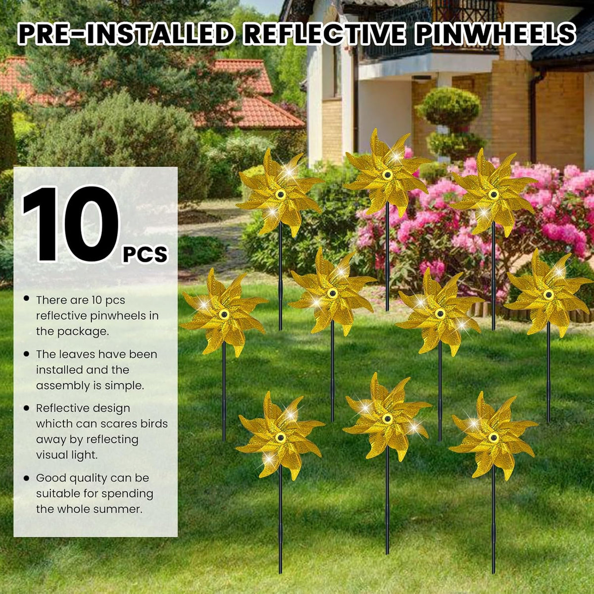 10 PCS Reflective Pinwheels for Yard and Garden Bird Devices Pre-Installed Sparkly Wind Spinner
