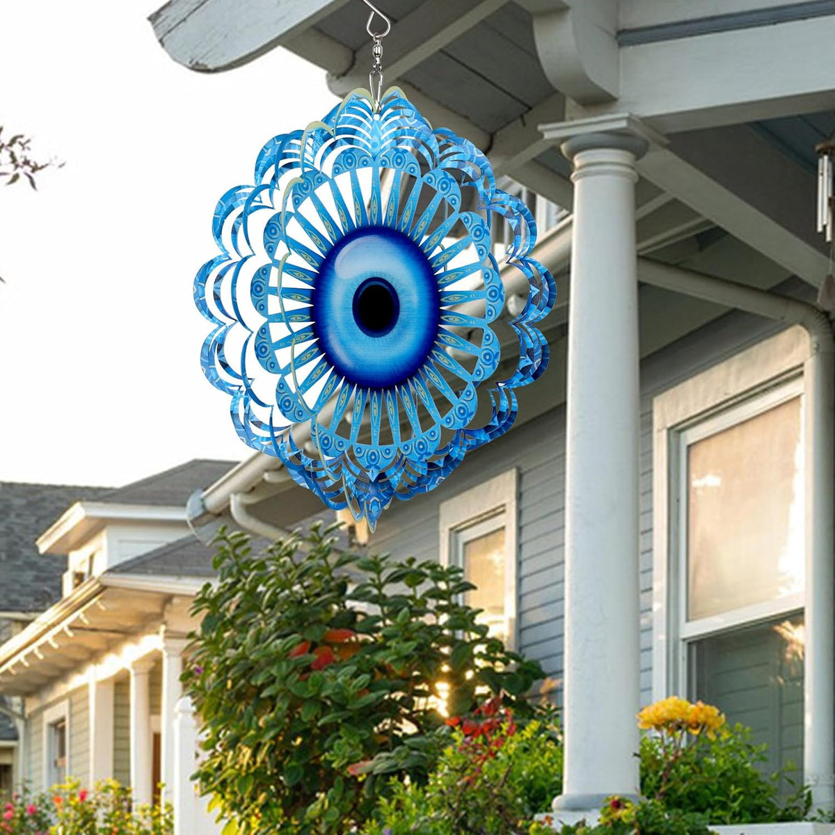 Blue Evil Eye Hanging Wind Spinners Outdoor Metal Evil Eye Decor Mandala 3D Stainless Steel Wind