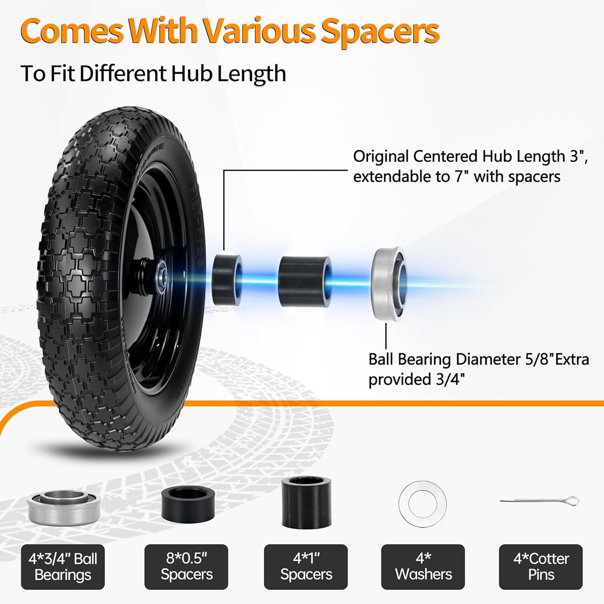 2 PCS 4.80/4.00-8 Flat Free Tire and Wheel, 14.5 Solid Wheelbarrow Tires, 5/8" 3/4" Bearings，3"-7"