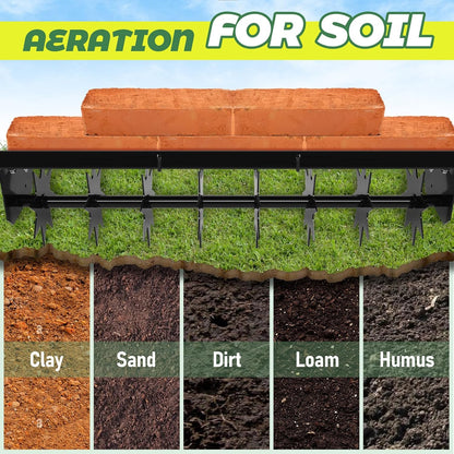 32" Tow Behind Lawn Aerator with Galvanized Steel Tines and Wide Tow Bar Black Lawn Aerator, Soil