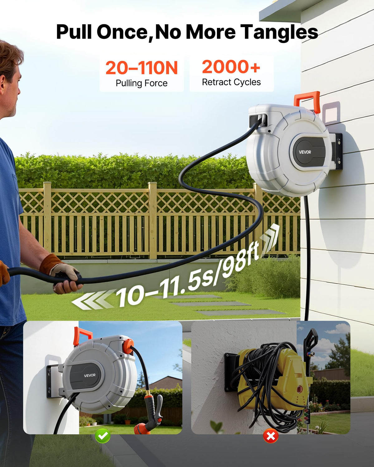 VEVOR Retractable Garden Hose Reel, 1/2 in x 50 ft, Wall Mounted Hose Reel with 9-Function Sprayer